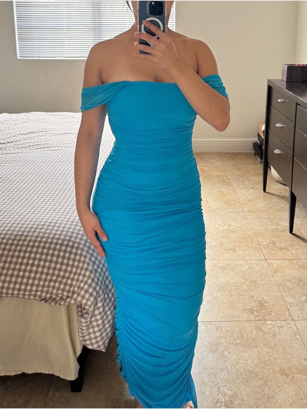 SHEIN Blue Ruched Off Shoulder Bodycon Midi Dress Size M Stretch Cocktail Party